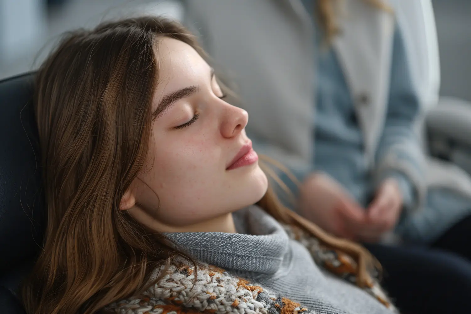 Ein Therapeut verwendet Hypnose, um die psychischen Probleme einer Frau zu heilen, die aus einer schwierigen Vergangenheit herrühren, während sie auf einem Sofa liegt und in einen tranceähnlichen Zustand verfällt.